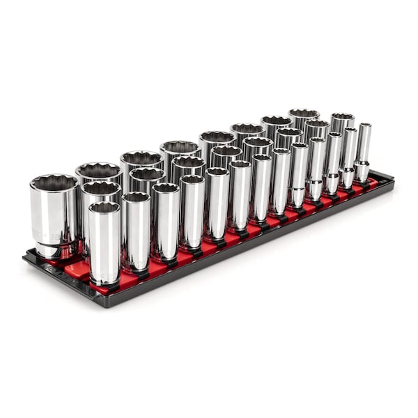 1/2 Inch Drive Deep 12-Point Socket Set with Rails, 29-Piece (10-38 mm)